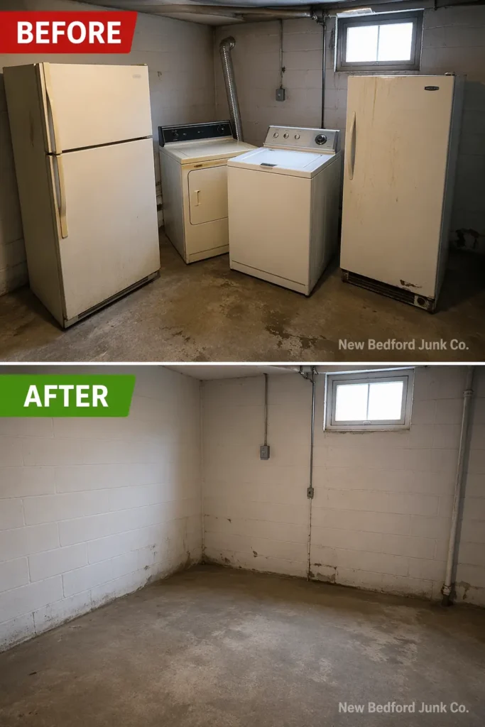 before and after appliance junk removal clearing old refrigerator washer pulaski park new bedford