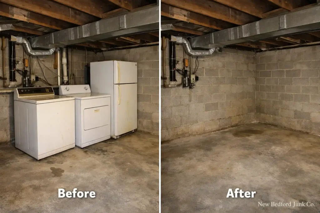 Before and after appliance removal showing cleared basement space in Dartmouth Massachusetts