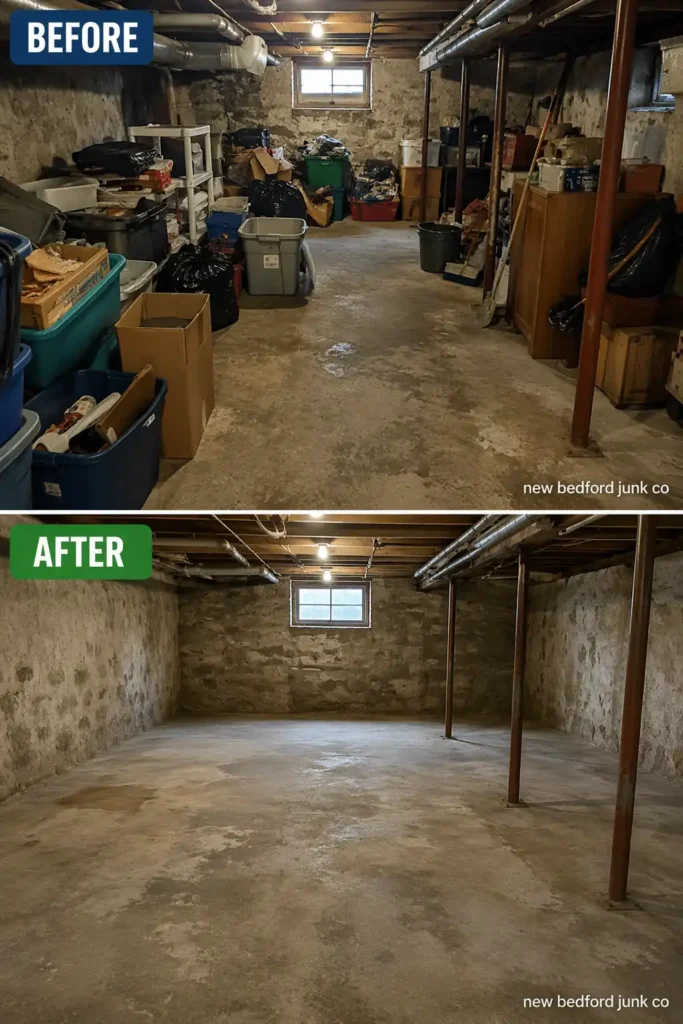 Before and after basement cleanout showing clutter removed near Fort Taber Park New Bedford