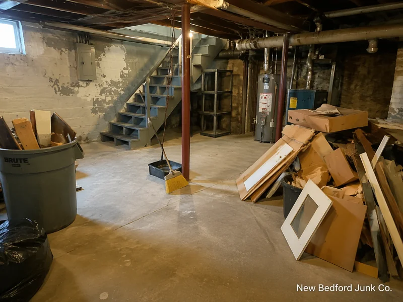 work in progress basement cleanout showing debris removal in new bedford ma