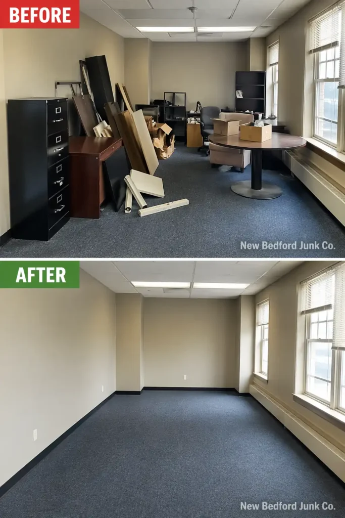 Before and after commercial junk removal cleanup inside office near Buttonwood Park New Bedford