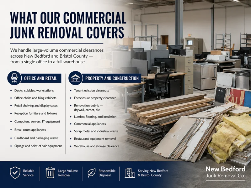 commercial junk removal materials stacked inside workspace near new bedford whaling national historical park
