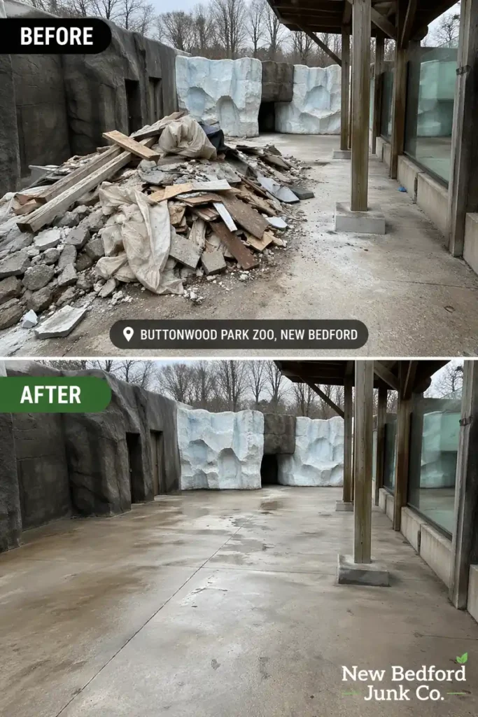 before and after construction debris removal cleanup at buttonwood park zoo new bedford