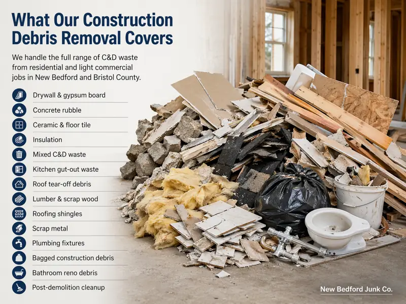 construction and demolition debris including drywall wood tile concrete removed in new bedford ma
