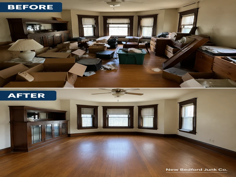 before and after estate cleanout showing clutter removal and clean empty room in new bedford
