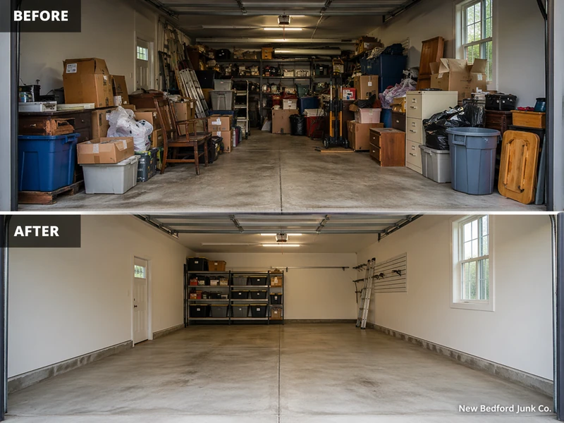GARAGE CLEANOUT NEW BEDFORD 1 Before and after garage cleanout transformation showing organized space in New Bedford area
