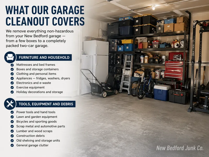 GARAGE CLEANOUT NEW BEDFORD 2 organized garage clutter items including tools furniture boxes ready for removal new bedford