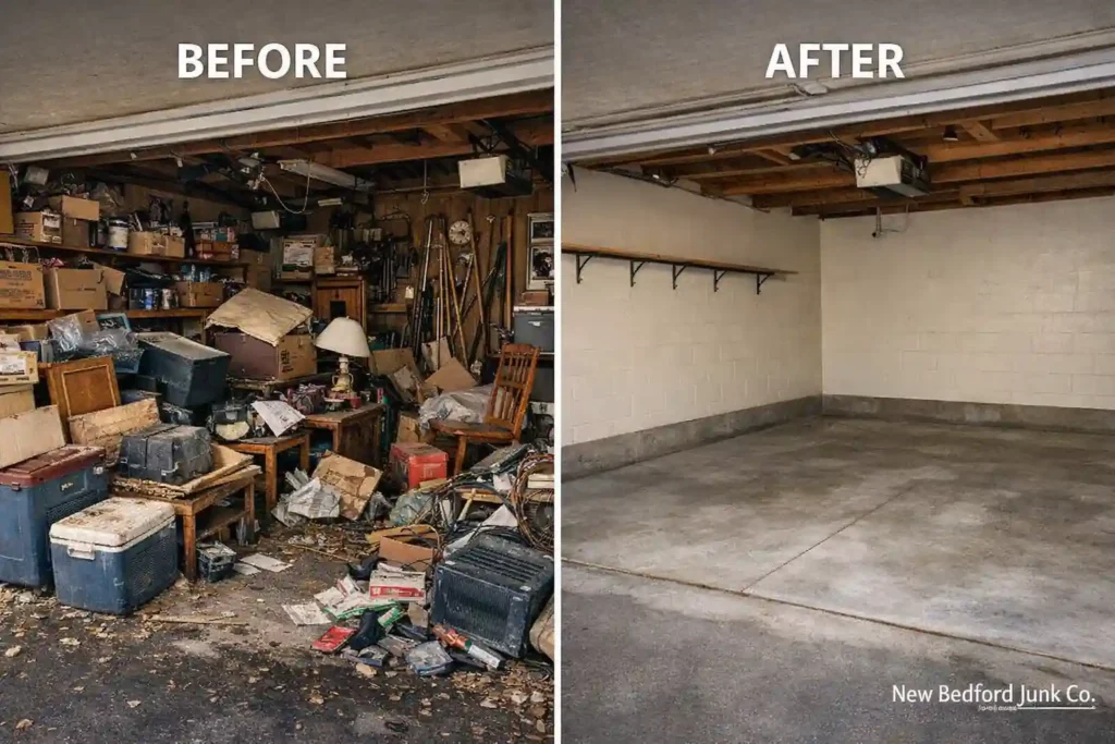 Cluttered garage cleared and organized by junk removal service in Smith Mills Dartmouth