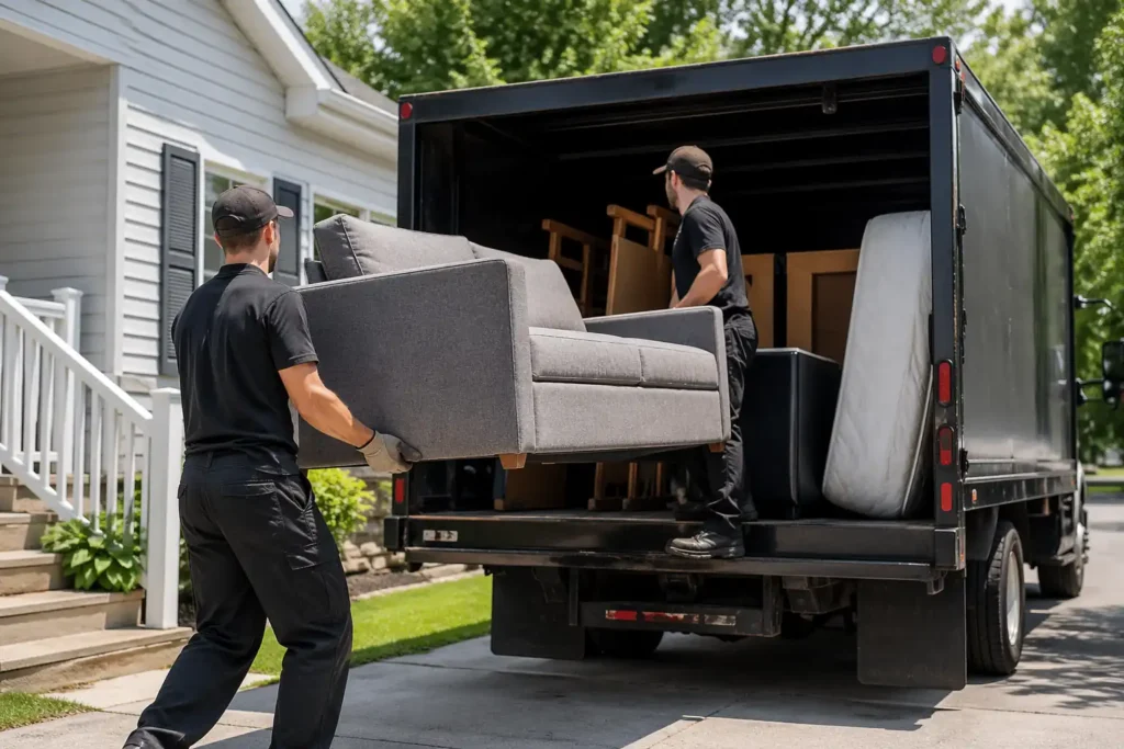 Professional junk removal crew loading furniture into truck in New Bedford MA