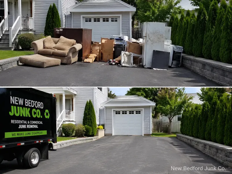 Before and after driveway junk removal showing clutter cleared in New Bedford residential property