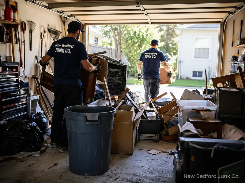 cluttered residential garage junk removal on rockdale avenue in new bedford ma