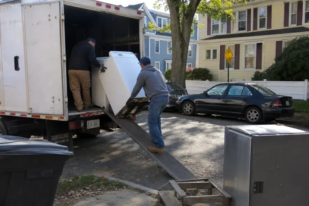 Workers loading old appliance into truck for removal in New Bedford MA
