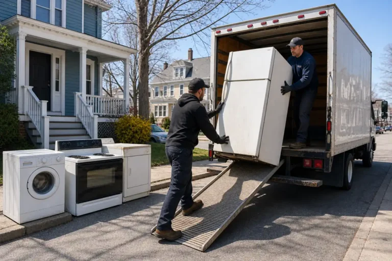Workers of New Bedford Junk Co. loading old refrigerator into truck during appliance removal in New Bedford MA