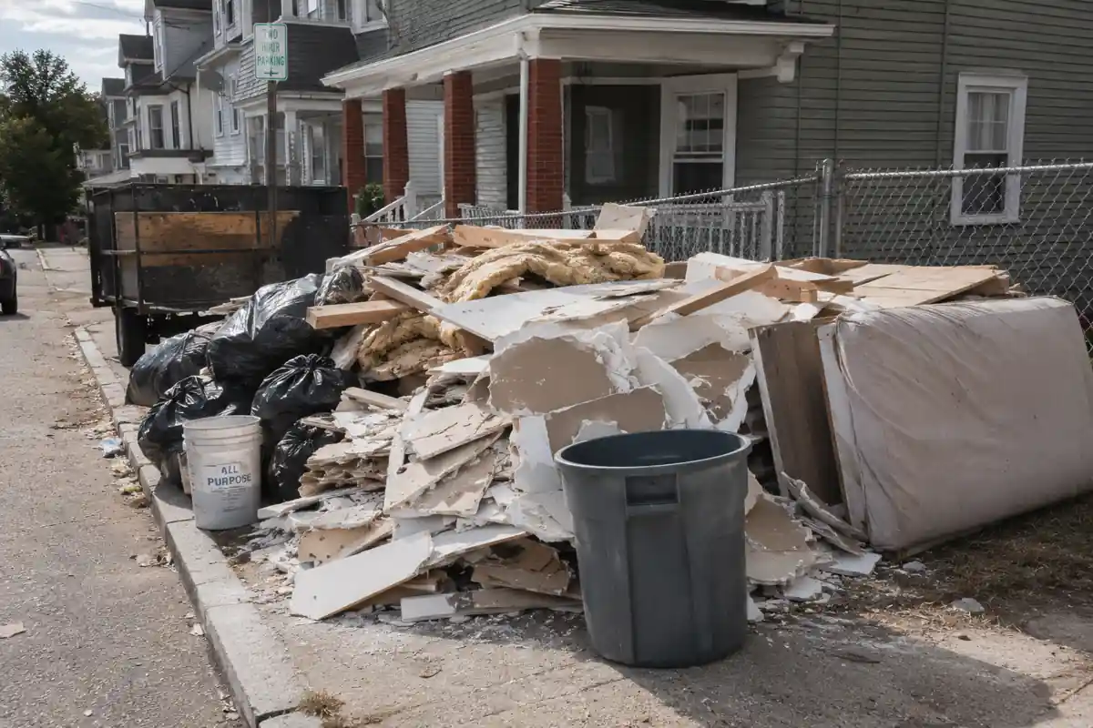Construction debris pile outside a renovation property in New Bedford, MA with drywall, wood, and demolition waste awaiting legal disposal