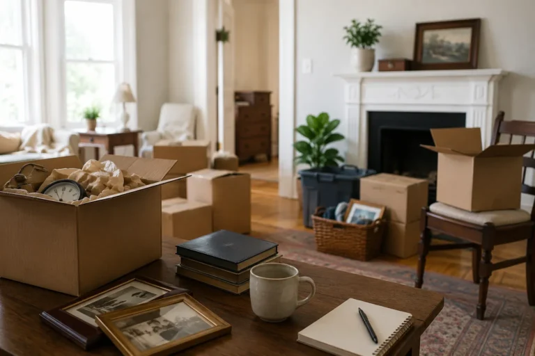 Boxes and household belongings inside a home during an estate cleanout in New Bedford MA