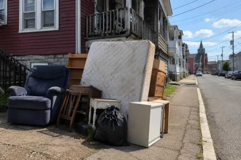 Leftover furniture and mattress outside a rental apartment during move-out junk removal in New Bedford MA