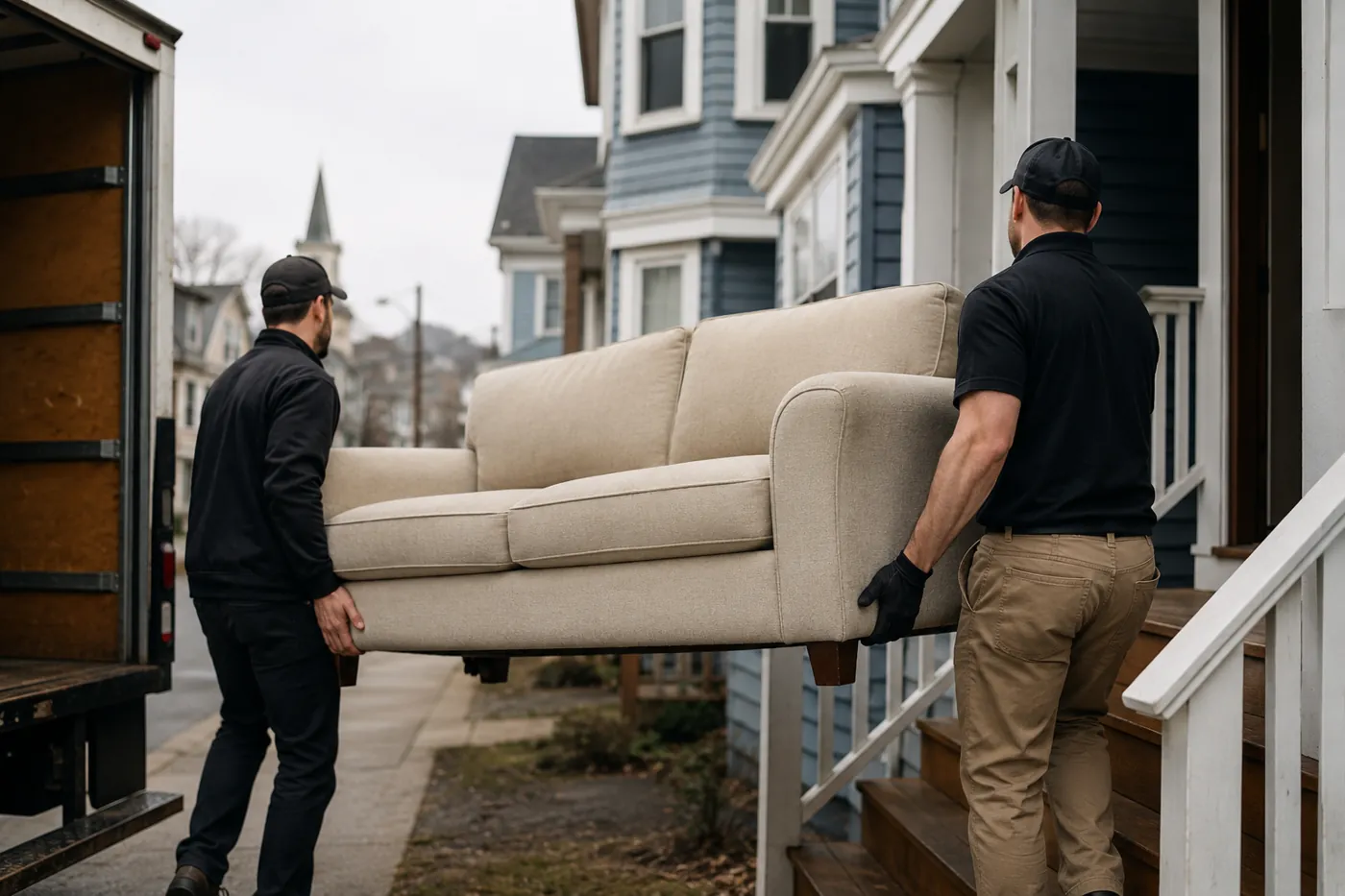 Professional junk removal crew carrying a sofa out of a New Bedford MA triple-decker home during furniture removal service