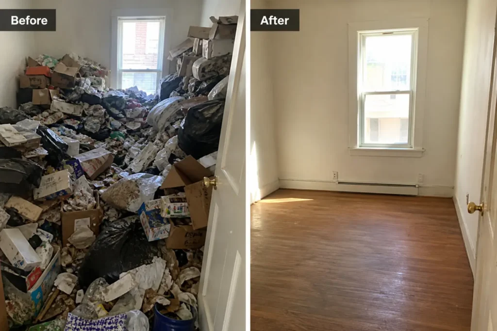 Before and after hoarder house cleanout by New Bedford Junk Co in New Bedford