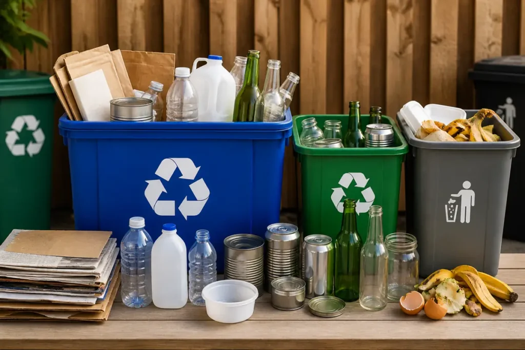 Blue recycling cart with bottles, cans, and cardboard on New Bedford curbside