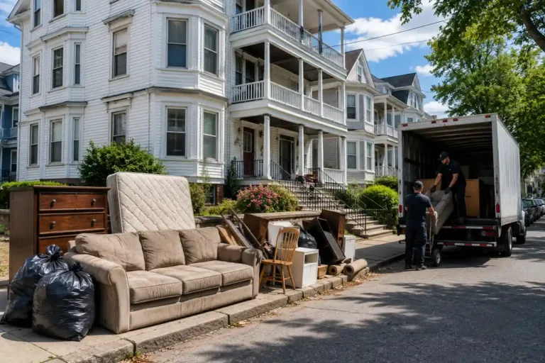 Junk removal crew loading furniture from a New Bedford triple decker property during a residential cleanout