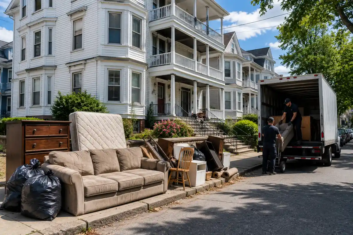 Junk removal crew loading furniture from a New Bedford triple decker property during a residential cleanout