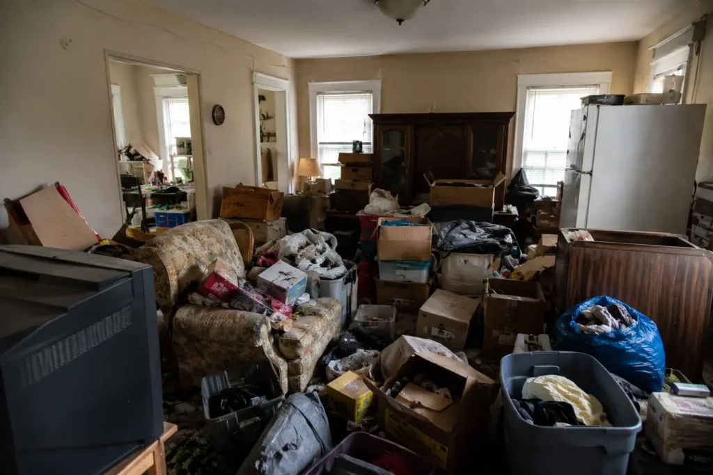 Furniture, appliances, boxes, and personal belongings left behind inside a foreclosed home in New Bedford, Massachusetts.