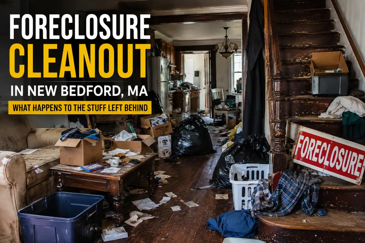 Interior of a foreclosed property in New Bedford MA with abandoned belongings before a foreclosure cleanout.