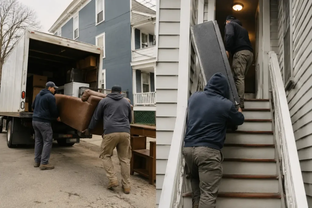 DIY Junk Removal vs Hiring a Pro in New Bedford — How to Decide 1 Workers loading furniture into a junk removal truck and carrying heavy items up stairs, showing the difference between DIY junk removal and professional junk removal in New Bedford MA.