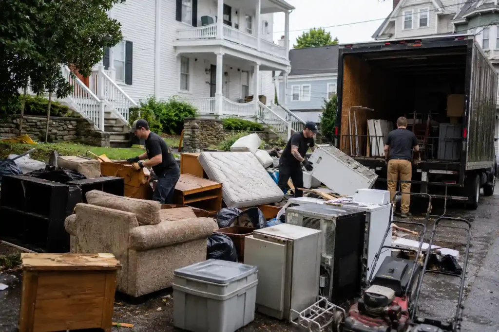 Junk removal crew loading furniture, appliances, and household items during a large residential cleanout in New Bedford MA