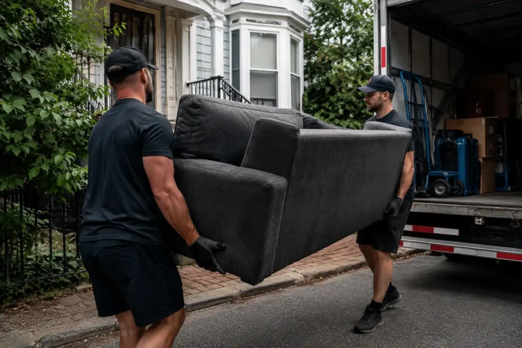 DIY Junk Removal vs Hiring a Pro in New Bedford — How to Decide 3 Professional junk removal crew carrying a heavy sectional sofa from a residential property in New Bedford MA