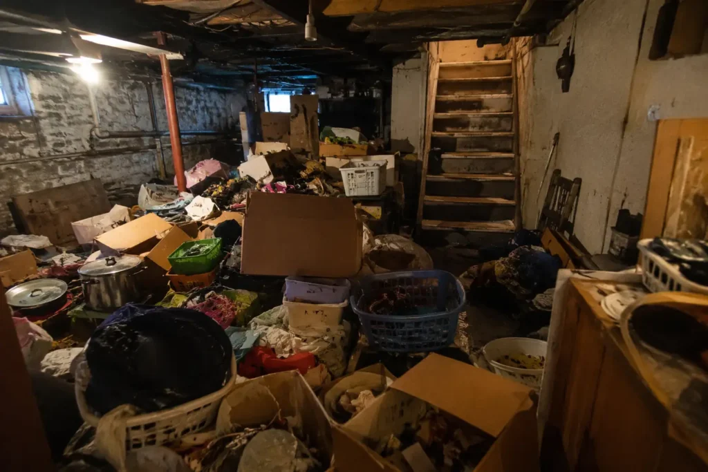 Cluttered basement filled with abandoned belongings and debris inside a foreclosed New Bedford property awaiting cleanout.