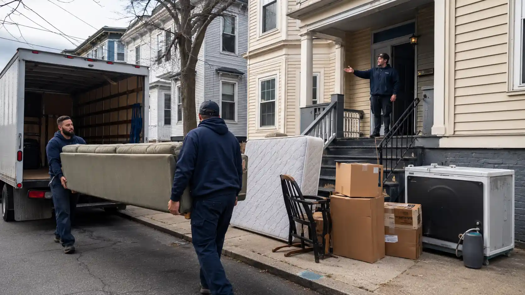 Professional junk removal crew loading furniture and household items into a truck outside a New Bedford MA home by New Bedford Junk Co.